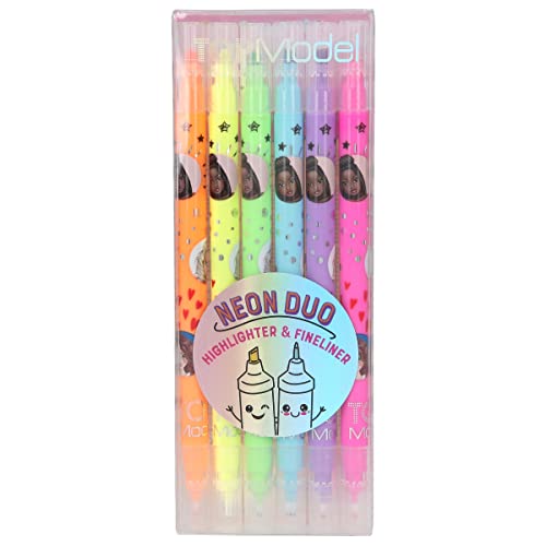 Depesche 11383 TOPModel surligneurs et de fineliners Neon Duo avec 6 feutres Doubles aux Couleurs Vives, Set de stylos Fine et Une Pointe Large pour écrire et marquer,...