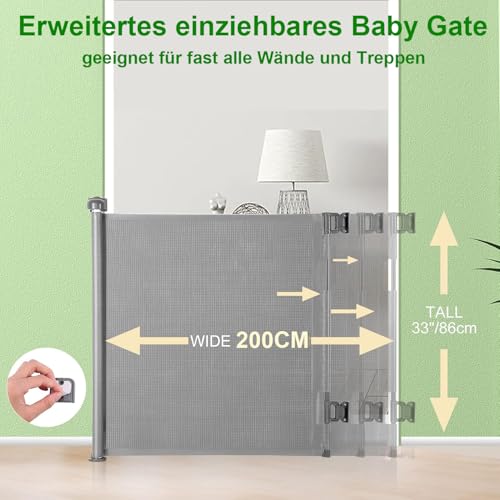 Treppenschutzgitter Türschutzgitter Ausziehbar 0-200 cm,Baby Absperrgitter Schutzgitter Treppe für Kinder,Katzen und Hunde,Geeignet für Innen Außenbereich (200cm/grau)