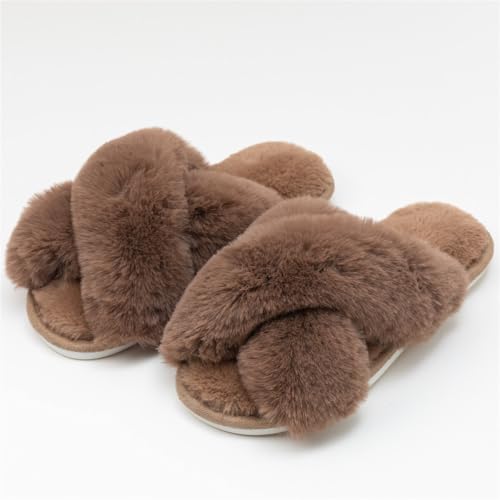 Image of Women's Cross Band Fuzzy Slippers Fluffy Open Toe House Slippers