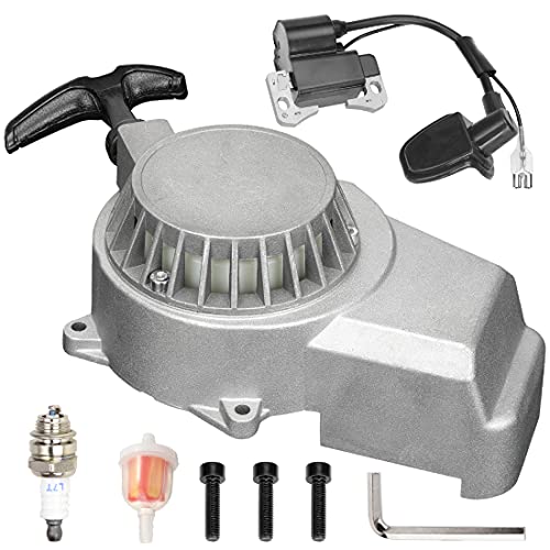 FVRITO Alloy Easy Pull Recoil Start Starter Spark Plug Ignition Coil for 2 Stroke Engine 47cc 49cc 50cc SYX Taotao SSR Chinese ATV Quad 4 Wheeler Go kart Pit Dirt Mini Pocket Bike Motor Silver