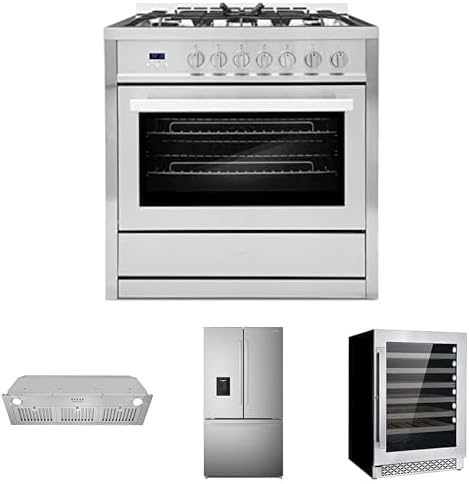 COSMO 4-Piece Kitchen Appliance Packages, 36" Gas Range, 36" Insert Range Hood, 24" Wine Cooler and 36" French Door Refrigerator with Water Dispenser