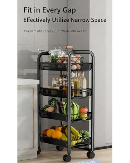Slim Storage Cart 4-Tier Narrow Rolling Cart with 4 Wire Baskets for Kitchen, Bathroom, Laundry Room ¨C Mobile Utility Cart on Wheels for Small Spaces, Easy to Move-y9XdqTGV