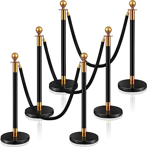 Ferraycle 6 Pcs 2025 Prom Stainless Steel Stanchion 5 ft Velvet Carpet Ropes and Pole Crowd Control Barriers Grand Opening Casino Movie Theme Party 360 Photo Booth Accessories (Black and Gold)