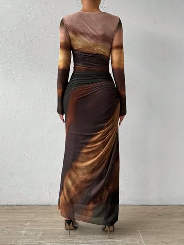 Image of LIGHT DOT Women's Printed Bodycon Maxi Dress Long Sleeve Tie Dye Mesh Ruched Cocktail Dress