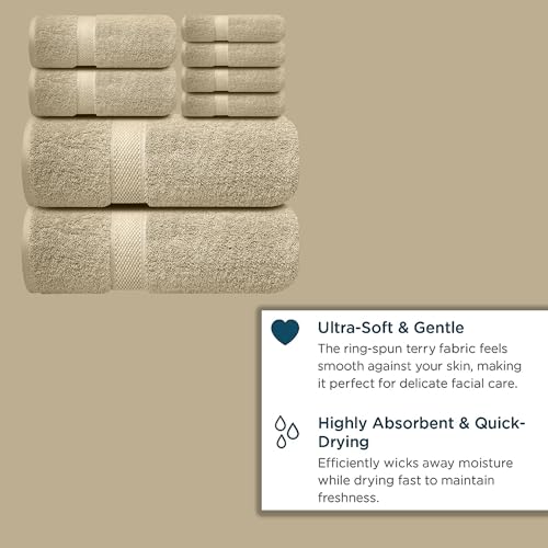 Image of Sulfar 100% Combed Cotton, 8 Pcs Towel Set - 2 Bath Towels (70 x 140 cm), 2 Hand Towels (40 x 70 cm) and 4 Washcloths (30 x 30 cm) (600 GSM, Pack of 8) Beige