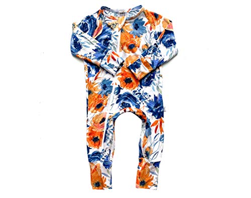 One Kind Bamboo Baby Footed Sleeper Pajamas with Inseam Zipper for Easy Diaper Changes (Orange Navy Floral, 0-3 months)