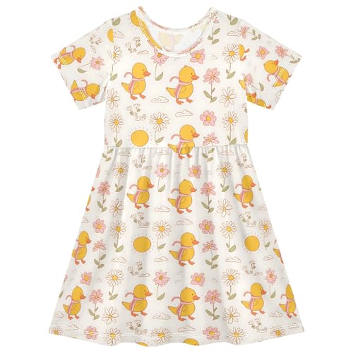 Summer Girl Dresses Yellow Duck Flower 1 Toddler Short Sleeve A-line Dress Casual Sundress