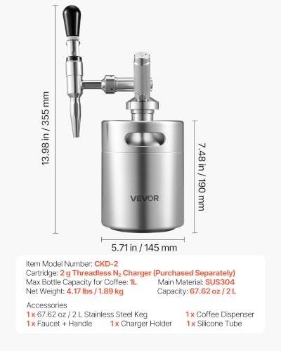 Image of VEVOR Nitro Cold Brew Coffee Maker 68 oz Nitrogen Dispenser System, Home Brew Coffee Keg, Portable Nitrogen Infuser with Dispenser and Pressure Relieving Valve, Gift for Coffee Lovers