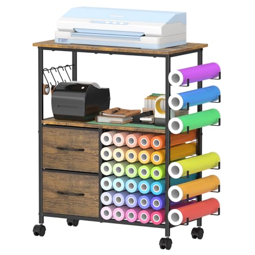 KANEODOT Storage Cart Compatible with Cricut Machines 30 Vinyl Roll Holders with 2 Drawers Mobile Rolling Craft Cabinet Table for Accessories Holder Tool Hook for Craft Room Home DIY