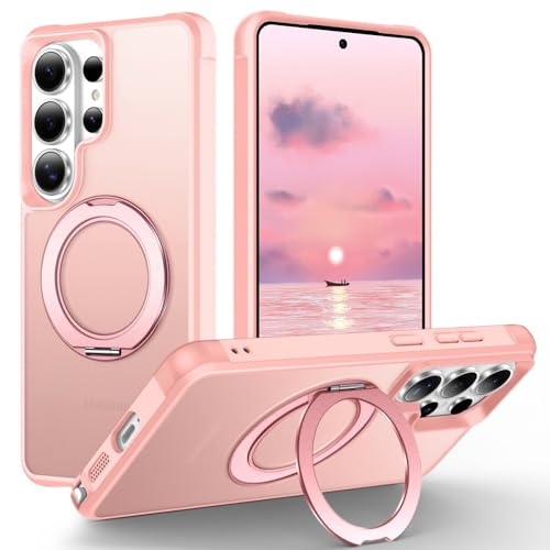 Coque Samsung S26 Ultra rose avec anneau rotatif et support en silicone rigide