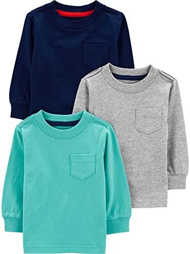 Simple Joys by Carter's Toddler Boys' Long-Sleeve Shirts, Pack of 3, Blue/Grey/Navy, 5T