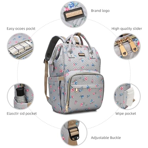 Image of GAIVP Diaper Bag Backpack, Diaper Bags for Baby Girls Boys, Baby Bags for Moms Dads, Nappy Changing Bag with Insulated Pockets,Multi-functional Waterproof Backpack with Stroller straps-Grey Flowers