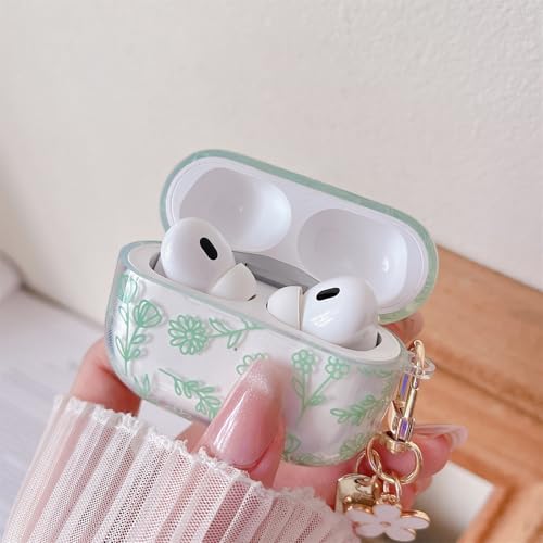 Image of MINSCOSE Compatible with AirPods Pro2 Clear Case,Cute Flower Floral Aesthetic Design with Flowers Keychain, Soft TPU Protective Shockproof Case for Women Girl for Airpods Pro2-Green