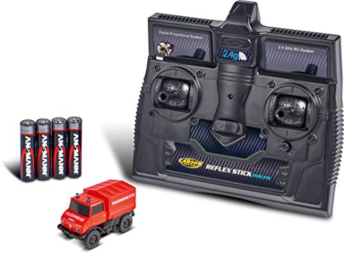 CARSON 1:87 MB Unimog U406 brandweer 2.4G 100% RTR, op afstand bestuurd voertuig, rijklaar model, met ledverlichting en schakelbaar blauw licht, zeer kleine draaicirkel, perfect voor dioramen.