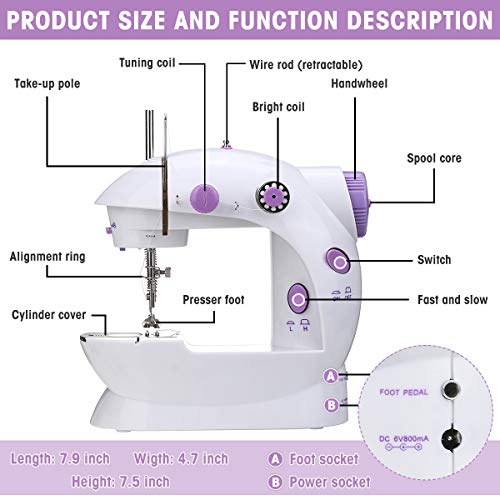 CHARMINER Sewing Machine with Extension Table, Household Adjustable 2-Speed 2-Thread Mini Sewing Machine, Portable Electric Sewing Machine with Foot Pedal Great for Beginner (White)