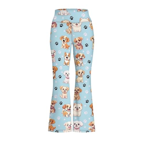 Cute Puppy Girl's Leggings Cross High Waisted Flare Pants Yoga Bootcut Pants Length Bell Bottoms