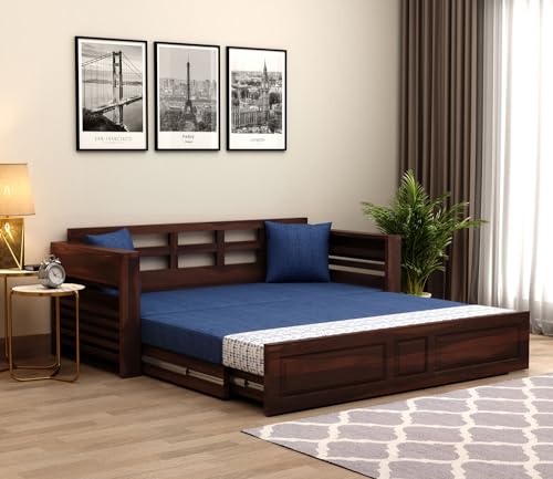 Image of Mamta Furniture Sheesham Wood Foster 3 Seater Sofa Cum Bed for Living Room Three Seater Sofa Bed for Home Sofa Com Bed Sheesham Wood |(Walnut Iris Blue)