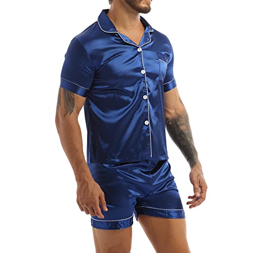 JanJean Mens Satin Pajama Set Short Sleeves Button Down Shirt with Shorts Sleepwear Loungewear3