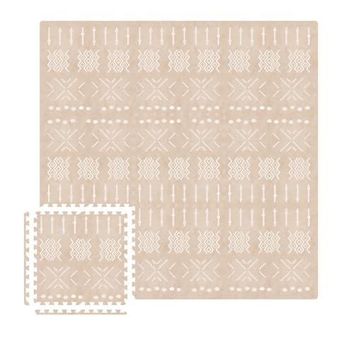 MOON WALKERS Stylish Boho Baby Play Mats for Floor, (6x6ft) Play Mat for Babies and Toddlers, Non-Toxic, Soft, Thick, Tummy Time Mat for Crawling (Extra Large 9 Tiles, Beige Aztec)
