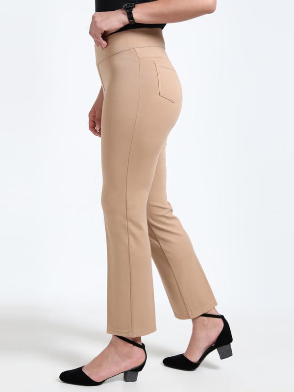 Image of Women Formal Pants Straight Leg Tummy Tucker for Ladies with 2 Back Pockets - 4 Inch Waist Elastic Compression