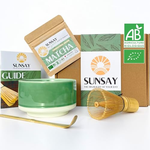 SUNSAY® Kit Matcha Bio Japonais | Coffret Complet avec Matcha Grade Cérémonial + Bol Chawan + Fouet Chasen + Cuillère Bambou | Conditionné en France