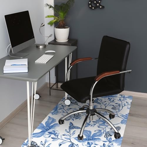 Protège-sol bureau rectangulaire tapis de chaise fleurs bleues PVC