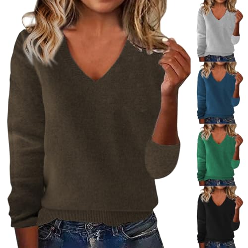 Cozy Warm Cashmere Sweaters for Women V Neck Soft Lightweight Pullover Sweater Loose Casual Ladies Long Sleeve Plus Size Teen Girl Clothes Christmas Tops 2025 Fall Winter Chocolate Brown
