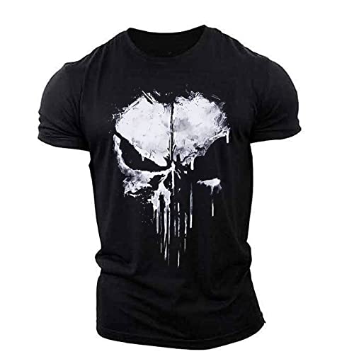 BOONEE T Shirt À Manches Courtes Homme Décontracté Punisher Tshirt, Tee Shirt Encolure Ronde Douillet, T-Shirt Vetement pour Sport Aptitude-Black||L