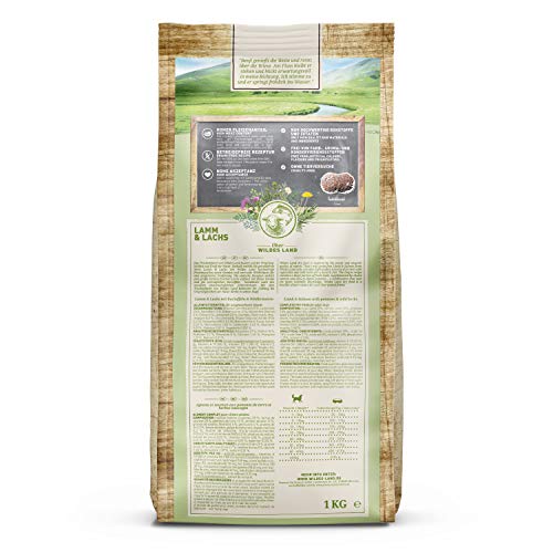 Wildes Land - Nr. 7 Lamm & Lachs - 1 kg - mit Kartoffeln und Wildkräutern - Glutenfrei - Trockenfutter für Hunde - Hundefutter mit hohem Fleischanteil - Hohe Verträglichkeit