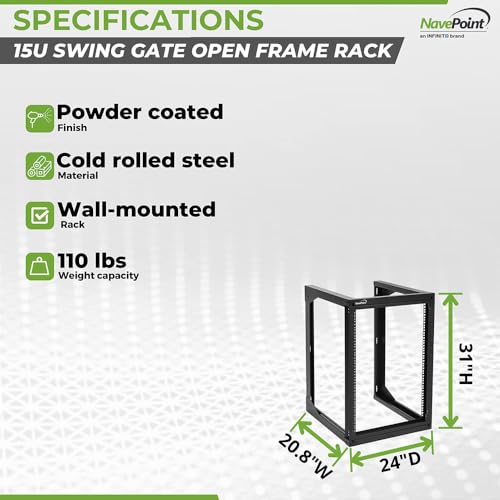 Image of NavePoint 15U Server Rack with Swing Gate - Wall Mount Rack for 19 Inch IT Equipment Open Frame Rack - Network Rack Wall Mount for AV & Server Equipment 24 inch Deep 19 inch Rack, Black