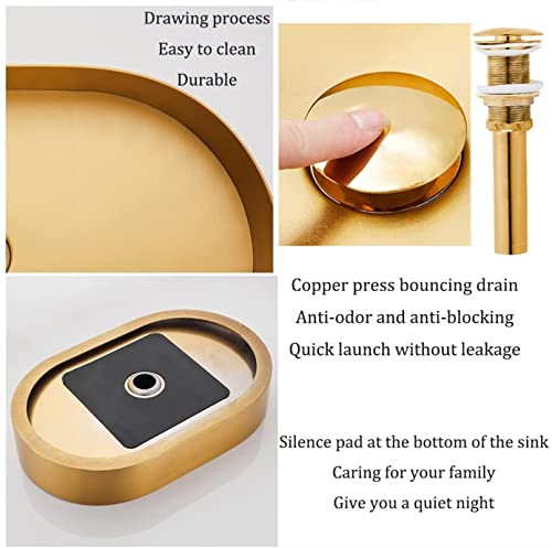 Xyqsby Single Bowl Bar Counter Kitchen Sink Golden Oval 304 Stainless Steel Bathroom Sink With Drain Pipe Countertop Installation Suitable For Bathroom, Bar, Hotel (Color : Gold, Size : 55X35X10Cm) #TOP5