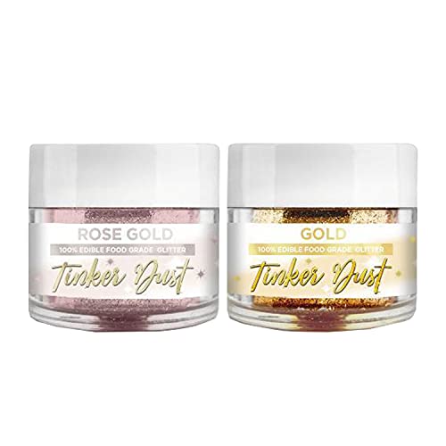 Edible Color Dust Glitter Set - 100% Edible Gold Dust and Rose Gold Tinker Dust Edible Glitter - Bakell Luster Dust Perfect for Baking, Decorating Dessert & Edible Glitter for Drinks (2 x 5g)