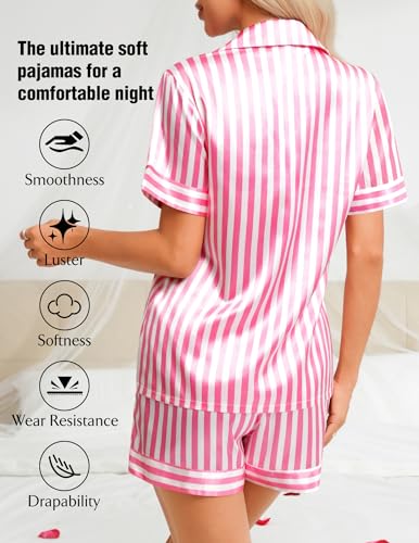 Satin Pajama Set for Women Sexy 2 Piece Short Sleeve Lounge Set Silk Lingerie Button Up Pjs Cute Soft Sleepwear3
