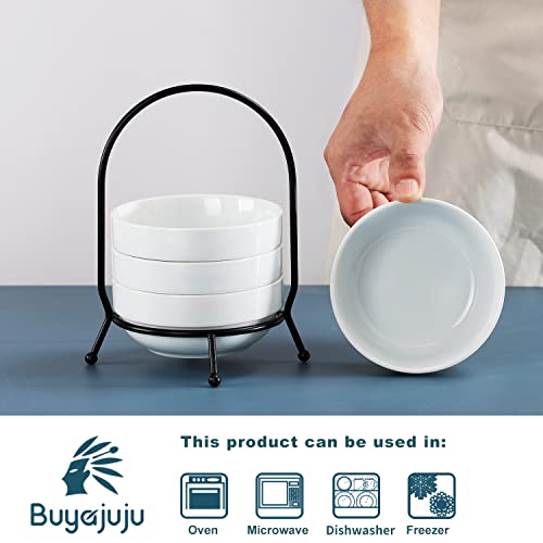 Buyajuju Set Of 4 Small Bowls With Black Metal Stand, 9 Ounces Porcelain Pinch Bowls For Kitchen, Small White Bowls For Dipping, Snacks, Condiments, Side Dishes, Ice Cream, Dessert, Fruits #TOP2