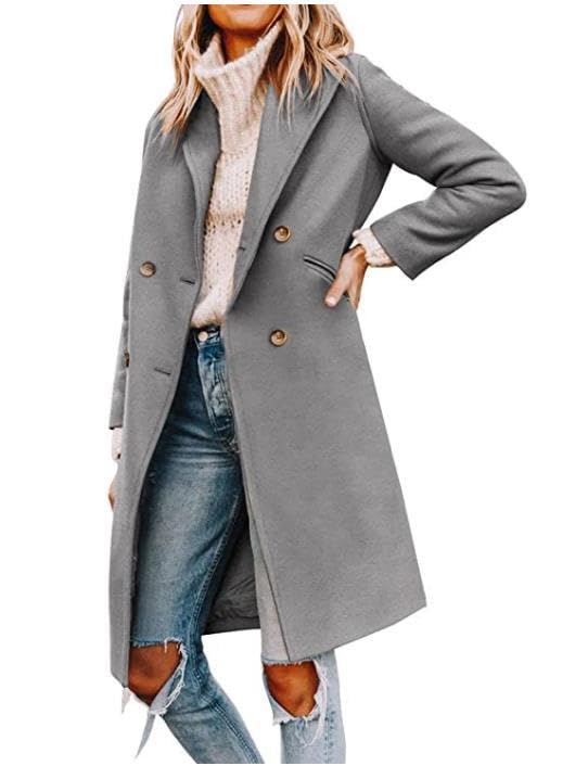 Womens Double Breasted Trench Overcoats - Long Sleeve Lapel Mid-Length Winter Pea Coat Outerwear with Pocket