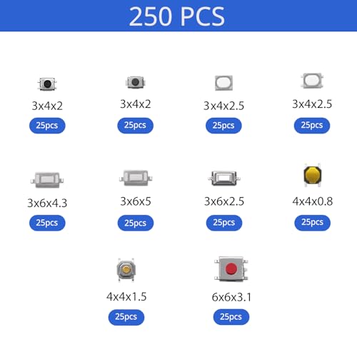 VooGenzek 250 Piezas 10 Tipos Táctil Botón Microinterruptor Táctil Surtido Kit, Electronica Microinterruptores Pulsador, para Coche Control Remoto Llave, con Caja de Plástico - imagen 2