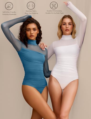 Image of Avidlove Women Long Sleeve Bodysuit Turtle Neck Shapewear Body Suits Mesh One Piece Leotard Shirt Going Out Tops Fall Outfits