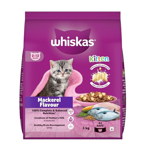 Whiskas Junior Mother Cat & Kitten (2-12 Months) Dry Cat Food, Mackerel Fish Flavour, 3 kg, Contains 41 Essential Nutrients, Complete & Balanced Nutrition for Mother Cats & Kittens