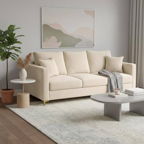 Image of Hayes Rich Velvet Suede 3 Seater Sofa | Golden Aesthetic Legs | Spacious Soft Touch Comfort Seating | Modern Sofa for Living Room-Cream Color