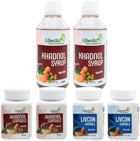 Ujwala Ayurvedashram Khadnol Syrup & Khadnol Livcon Capsule One Month Kit For Kidney & Gall Bladder Stone | Mproves Kidney Function(6 Item In The Set)