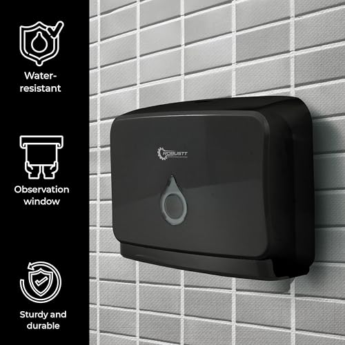 Image of Robustt Wall-Mounted V /N /M Fold Paper Hand Towel Dispenser - Black (with Adhesive Hooks) | Large Capacity | Durable ABS Material | Water-Resistant | Push Button Lock (Pack of 2)