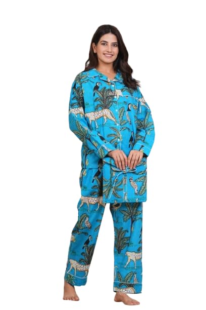 the bhagwati fab Women's Cotton Night Suit Set Animal and Floral Print with Matching Bag Soft Breathable Sleepwear for Women Comfortable Nightwear Loungewear Set (Blue)-picture-14