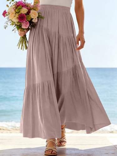 Image of ANRABESS Women's Boho Elastic High Waist Pleated A-Line Flowy Swing Asymmetric Tiered Maxi Long Skirt Dress with Pockets