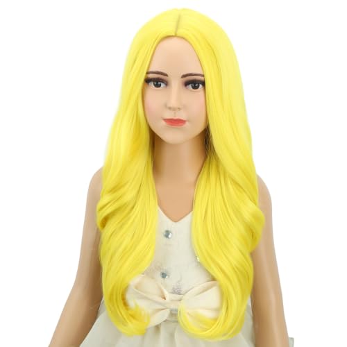 Image of Child Light Yellow Wig Girls Long Yellow Wavy Curly Wig Long Middle Part Wigs for Kids Heat Resistant Synthetic Wigs with Cap