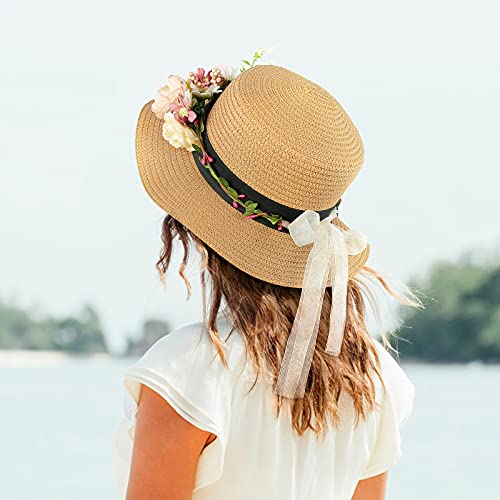 Foto von Blumenkranz Blume Krone Stirnband, Haar Garland Leaf Ribbon, Einkirsche 2 Pcs Rose Braut Haarschmuck, Haarbänder Floral Girlande, Blumenstirnband Verstellbarer Gürtel für Festival Hochzeit Strand
