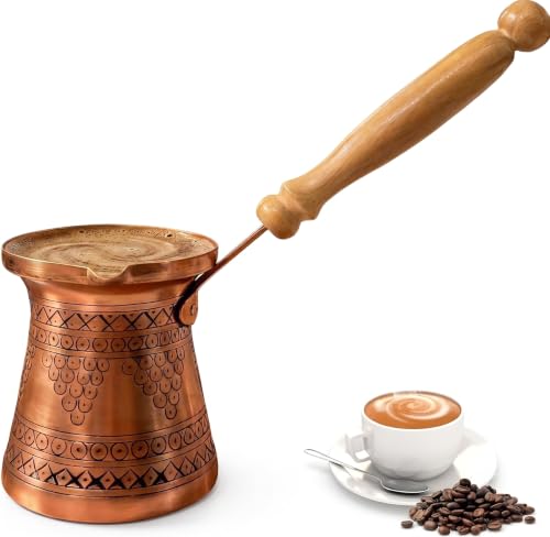 Angju Copper Turkish Coffee Pot 400ml Arabic Coffee Milk Maker Persian Kettle Boiler Warmer for Stovetop Stove Top Moroccan Coffee Pots with Wooden Handle