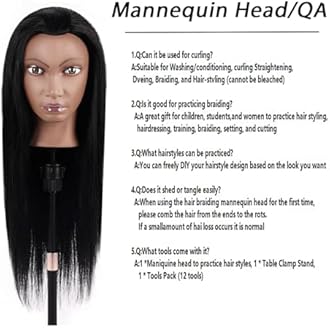 100% Real Hair Mannequin Head,TopDirect 26''Black Hairdresser Cosmetology Doll Head Styling,Manikin Heads Hairs Braiding DIY Styling with Clamp Holder and Tools Set