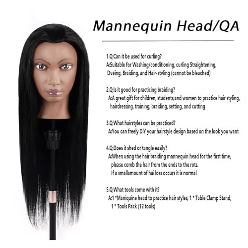 100% Real Hair Mannequin Head,TopDirect 26''Black Hairdresser Cosmetology Doll Head Styling,Manikin Heads Hairs Braiding DIY Styling with Clamp Holder and Tools Set