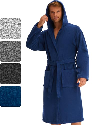 Morgenstern Bademantel Herren Frottee Baumwolle mit Kapuze lang Blau Gr. L