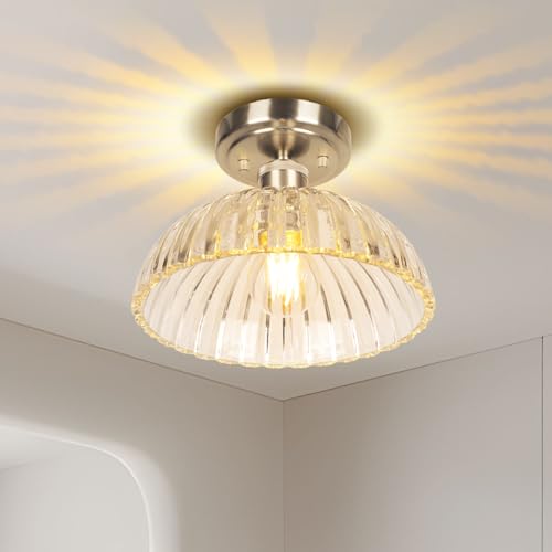 Image of JYZ Semi Flush Mount Ceiling Light, Brushed Nickel Ceiling Light Fixture with Ribbed Glass Shade, Vintage Light fixtures for Hallway, Entryway, Bathroom, Kitchen, Bedroom